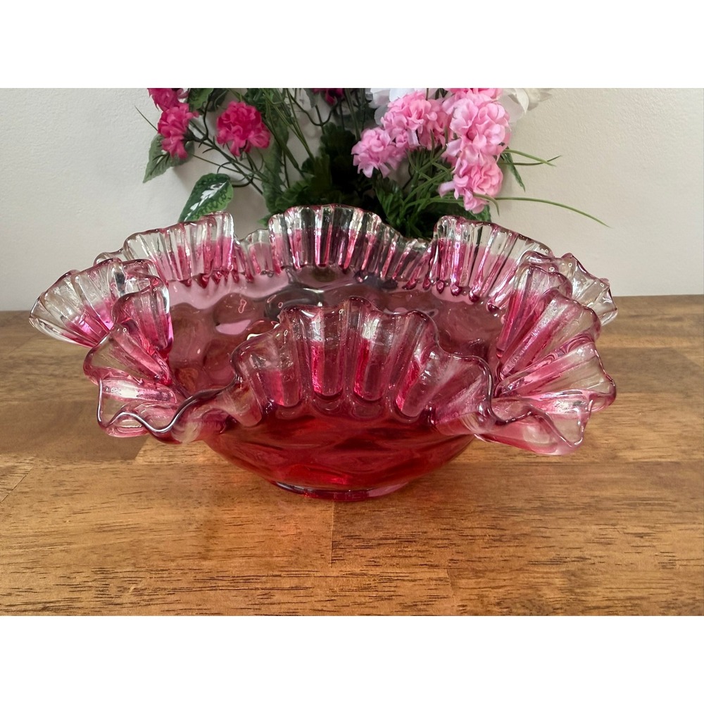 Vintage Cranberry Glass Ruffled Bowl Flared Edge‎ Art Centerpiece Serving Bowl